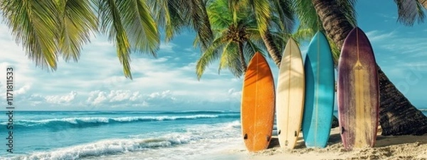 Fototapeta Vibrant surfboards resting by a palm tree on a tropical beach under a clear sky with gentle waves lapping at the shore