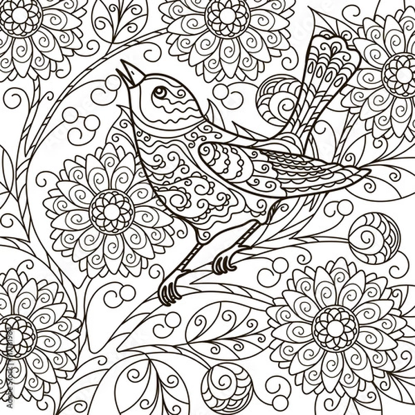 Fototapeta vector, contour, illustration, abstraction, blooming branch, bird on a branch, floral, element for design, coloring book, doodle style