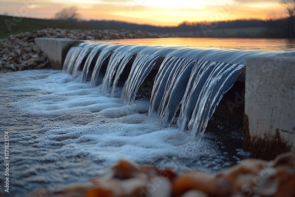 Fototapeta Water cascading over a concrete structure at sunset