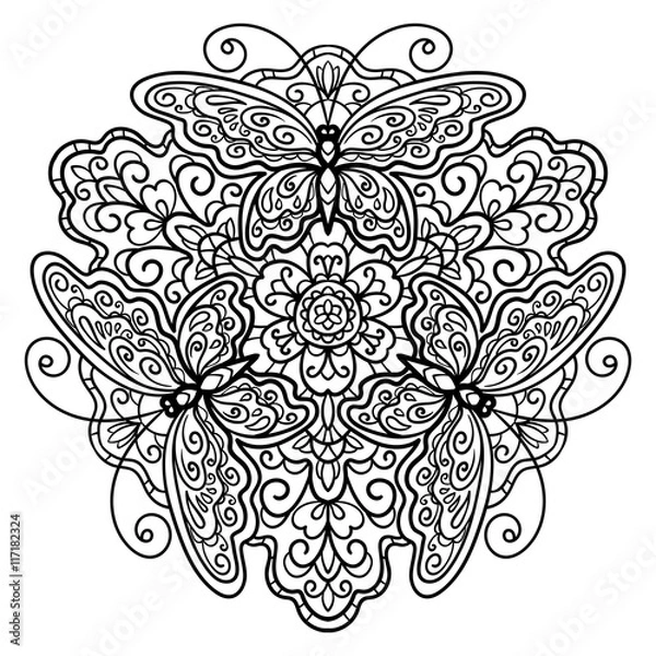 Fototapeta vector, contour, mandala, illustration, flower, butterfly, coloring book
