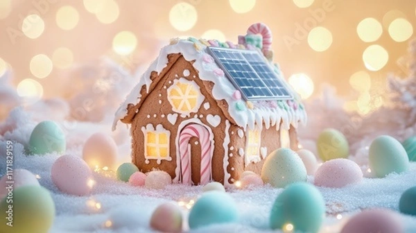 Fototapeta A whimsical gingerbread house adorned with colorful candies and surrounded by pastel eggs, set against a soft, glowing background, evoking a festive and cheerful atmosphere.