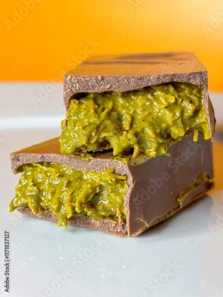 Fototapeta On an orange background, pieces of Dubai chocolate lie on a plate