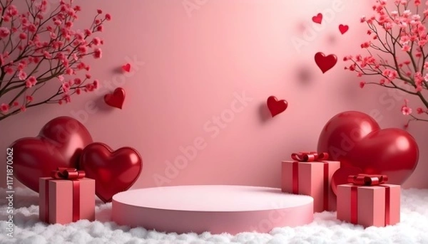 Fototapeta Happy Valentine Day background with cylindrical podium for promotion. Round stage for presentation sale product. Stage pedestal or platform in snow between burgundy hearts, burgundy gift boxes ia