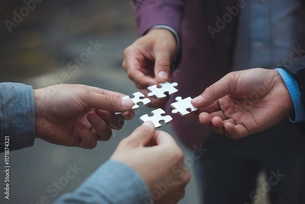 Fototapeta Woman's hands holding jigsaw puzzle pieces, symbolizing teamwork and connection in achieving business success