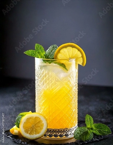 Fototapeta Lemon juice cocktail with mint leaves and lemon slices on a dark background