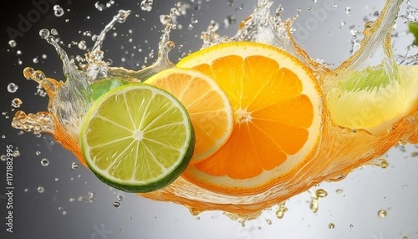 Fototapeta Refreshing citrus splash! Limes, oranges, and lemons burst with juicy flavor.