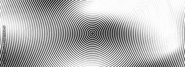 Obraz Black concentric circle background. Radial geometric pattern texture. Line epicenter, radar or target concept. Round rippled ring wallpaper for brochure, template, poster, overlay. Vector