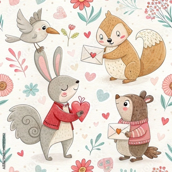 Fototapeta Cute woodland creatures sharing love letters and hearts in a whimsical floral setting