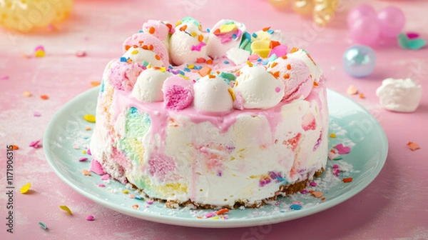 Fototapeta colorful ice cream cake with confetti theme, topped with marshmallows and sprinkles, perfect for celebrations and parties. This delightful dessert brings joy and sweetness to any occasion