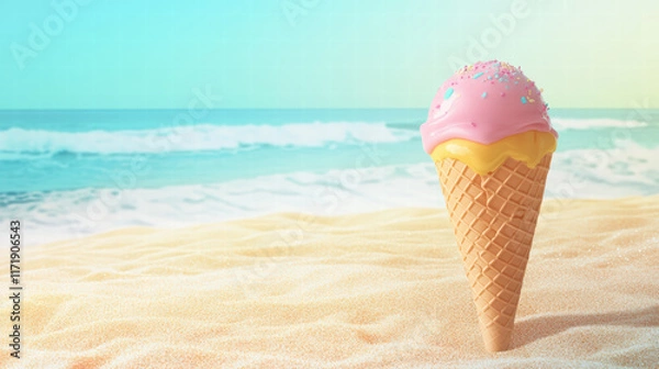 Fototapeta colorful ice cream cone with pink and yellow scoops sits on sandy beach, evoking playful summer vibe. ocean waves gently lap in background, creating serene atmosphere