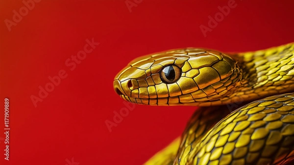 Fototapeta Golden snake isolated on a red background