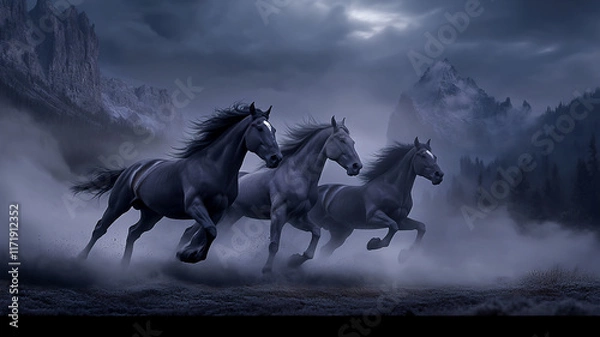 Fototapeta running horses during midnight in a mountain with a low Angle 