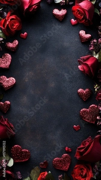 Fototapeta A stunning circle of vibrant roses and delicate hearts set against a sleek black backdrop, evoking love and passion this Valentine's Day.