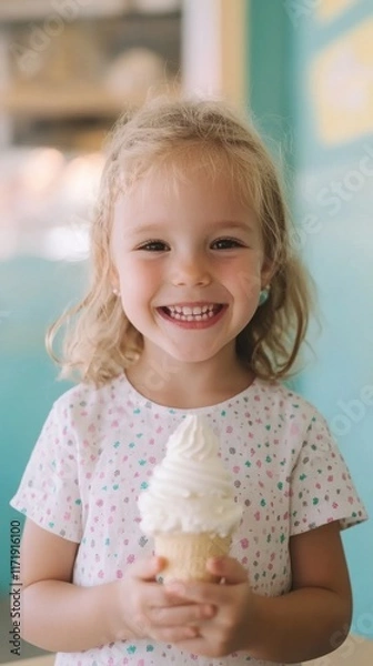 Fototapeta Cheerful little girl sits at a colorful table, delighting in her yogurt treat and sharing her joyful expression in the warm daylight