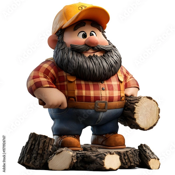 Fototapeta Smiling cartoon lumberjack wearing plaid shirt and holding a log standing on tree logs isolated on transparent background.