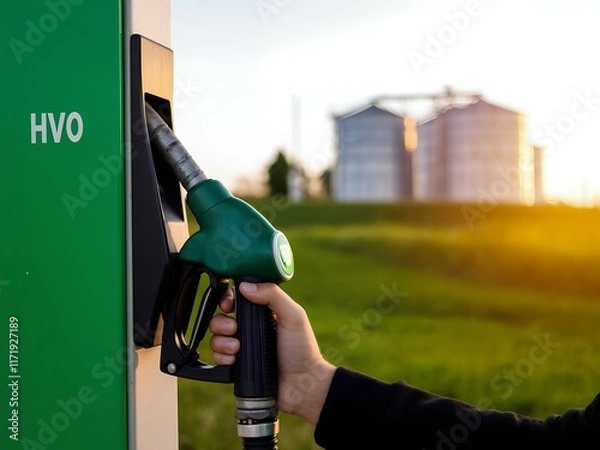 Obraz Green HVO Biofuel Pump Held by Person in Reflective Safety Vest with Industrial Tanks in Soft Lighting