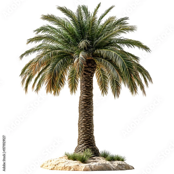 Fototapeta Isolated Palm Tree with Green Fronds and a Brown Trunk on a White Background.