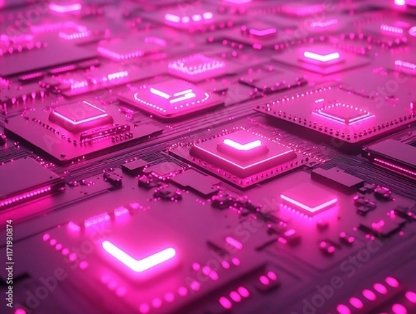 Fototapeta Pink Neon Illuminated Circuit Board Technology