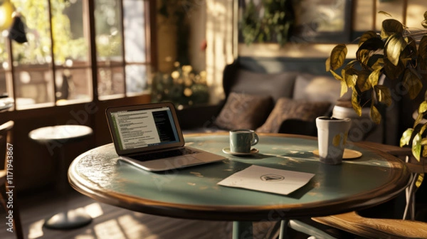 Obraz remote workspace in cozy coffee shop featuring laptop, cup of coffee, and notebook on rustic table. warm ambiance invites productivity and relaxation