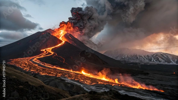 Fototapeta Erupting Volcano with Lava Flow and Ash Cloud in Dramatic Landscape