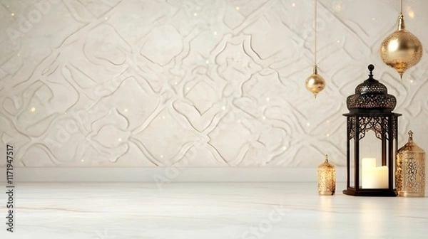Obraz Elegant lanterns and candles against a textured wall backdrop.