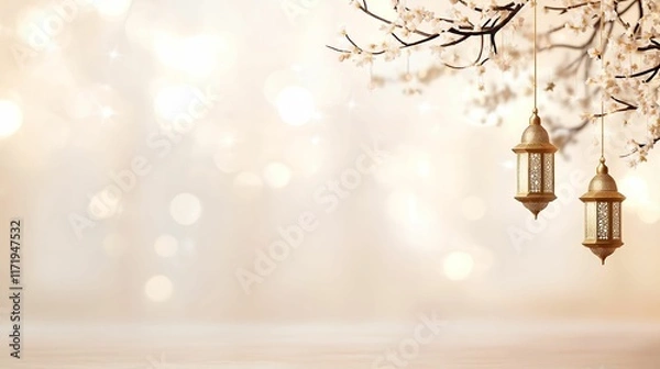 Fototapeta Elegant lanterns hang from a flowering branch, creating a serene ambiance.