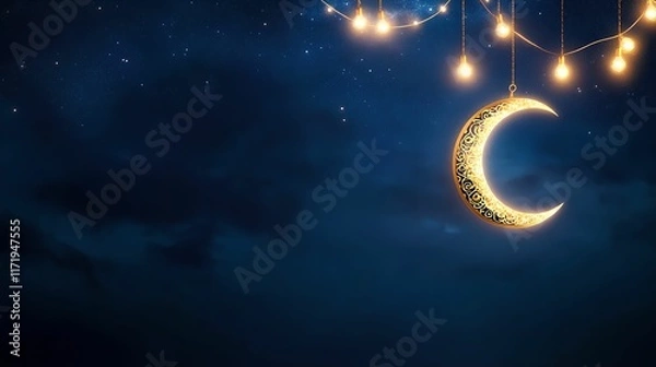 Obraz A decorative crescent moon hangs against a starry night sky.