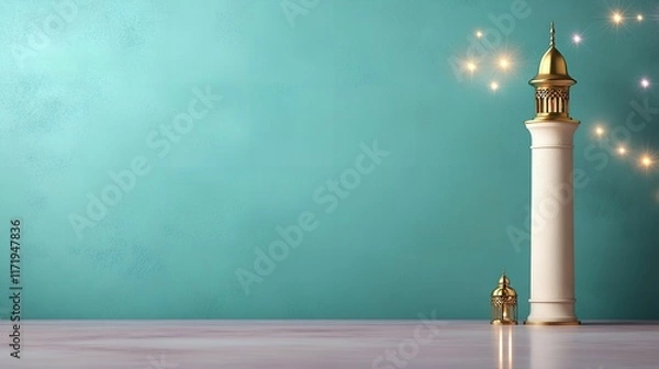 Fototapeta A decorative tower stands against a teal background with soft lights.