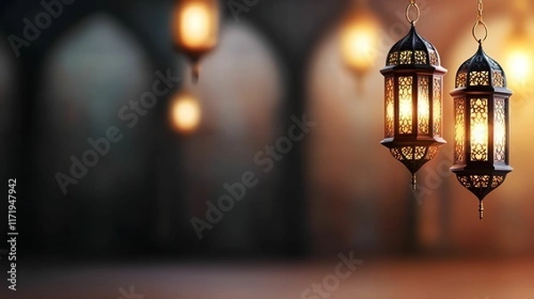 Obraz Two ornate lanterns illuminating a dimly lit interior space.