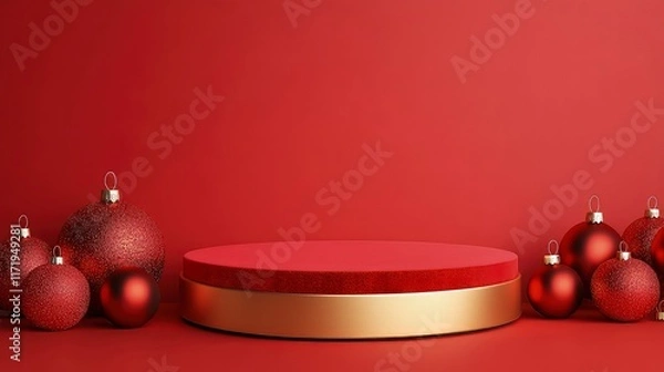 Fototapeta Red podium with golden edges, surrounded by Christmas ornaments red background