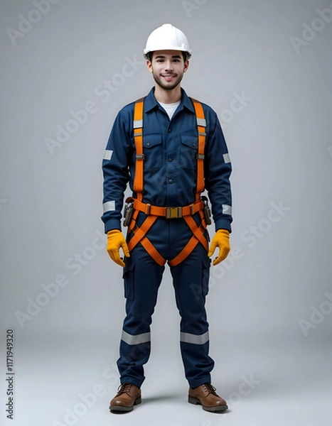 Fototapeta Portrait of a smiling construction worker wearing a safety harness and helmet.