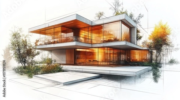 Fototapeta Modern Architectural Design Sketch Clean Lines Geometric Shapes Minimalism Natural Lighting Perspective