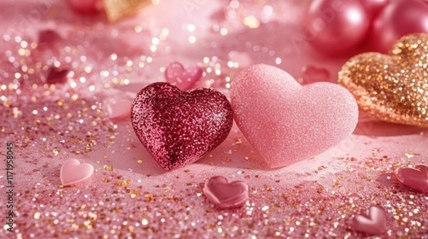 Fototapeta Two shimmering hearts float on a soft pink canvas, adorned with sparkling gold glitter, embodying the essence of love and romance this Valentine's Day.