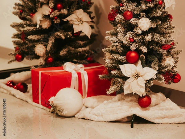 Fototapeta Red gift box tied with white satin ribbon. Present under tree. Christmas tree decorations on branches of Artificial Christmas tree. New Year celebration concept. December 31, 2024 - Pula, Croatia
