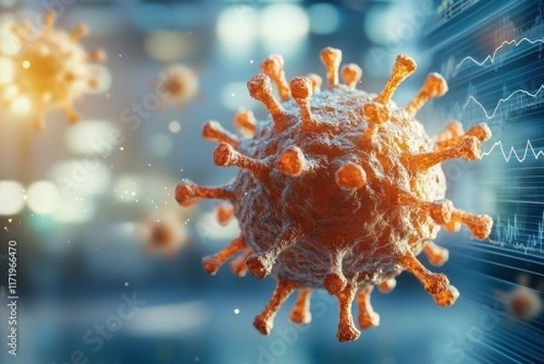 Fototapeta A digital 3D visualization of the coronavirus epidemic showcases the spread of the virus through detailed maps, charts, and graphs