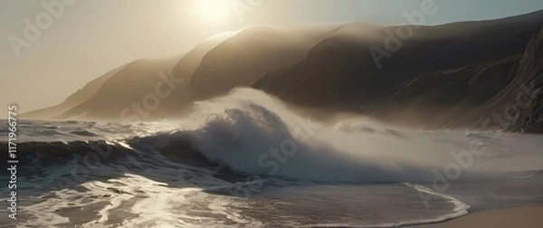 Fototapeta Closeup of frothy waves crashing against a sandy shore inviting tranquility