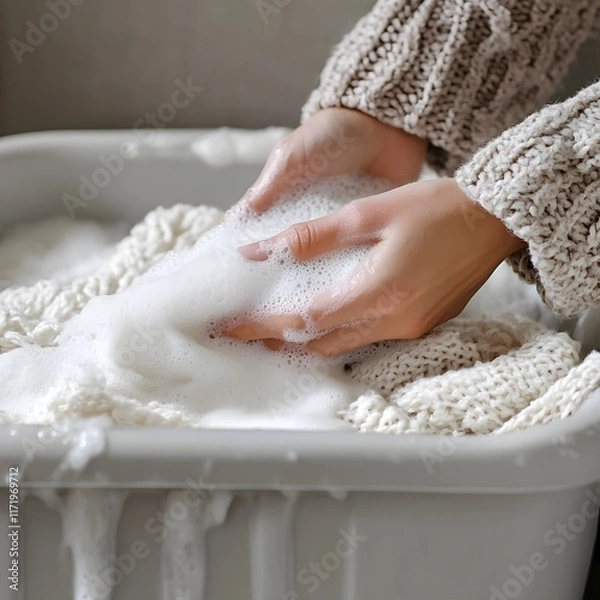Fototapeta A woman washing clothes in a plastic basin, with water and soap suds, showcasing a traditional hand-washing method in a simple, clean setting.

