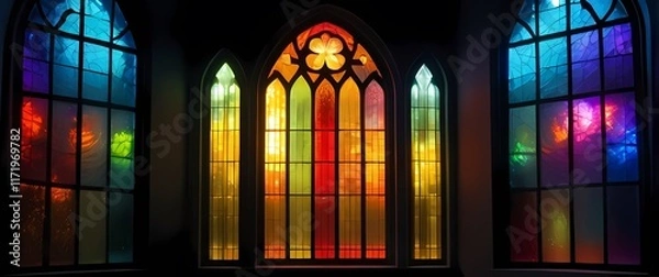 Obraz Creative arrangement of colorful stained glass pieces in a window