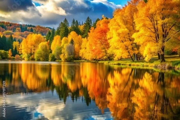 Fototapeta Golden leaves mirror in the still autumn lake, a scenic landscape of vibrant fall colors.