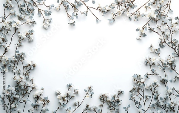 Obraz Floral frame, white background, spring blossoms, flatlay, design template.