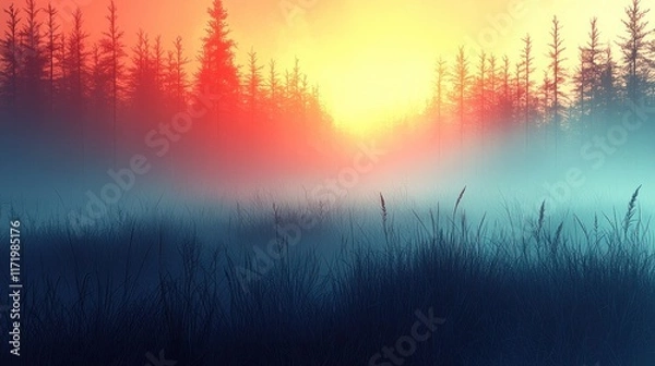Fototapeta A serene forest landscape at sunrise, with mist and vibrant colors creating a tranquil atmosphere.