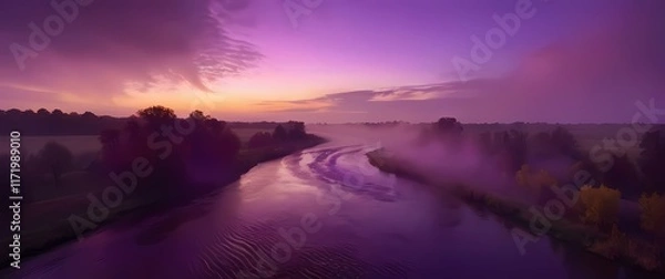 Fototapeta Rich hues of purple and gold in a stunning sunset over a river