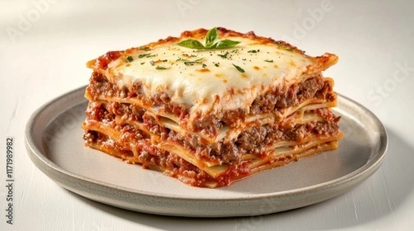 Fototapeta A mouthwatering beef lasagna recipe featuring layers of tender, seasoned beef, rich tomato sauce, creamy mozzarella cheese, and perfectly cooked lasagna noodles