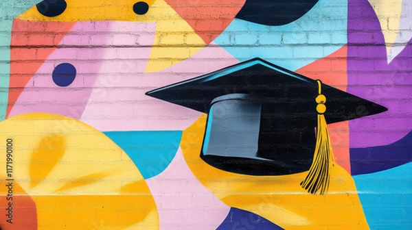 Obraz graduation cap on vibrant mural showcasing urban art and colorful patterns, symbolizing achievement and celebration in artistic environment