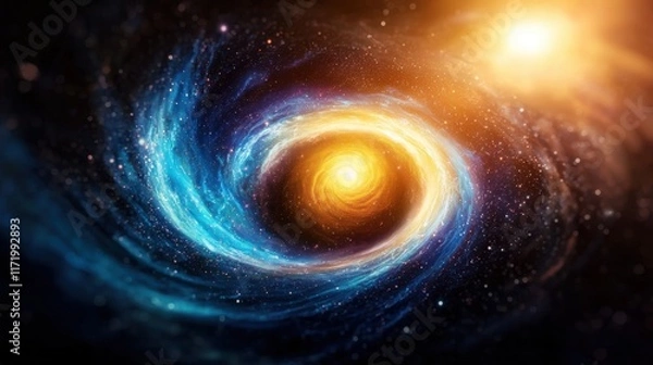 Fototapeta A stunning and vibrant mosaic of swirling hues of blue and purple, resembling a cosmic nebula filled with stars, planets, and galaxies, against a dark backdrop of space