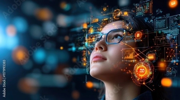 Fototapeta A person is surrounded by a variety of icons representing different technologies and calculations, set against a futuristic digital background