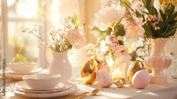 Fototapeta A dreamy Easter brunch table adorned with pastel vases of fresh blooms, golden egg candles, and delicate china plates. Soft sunlight casts warm highlights, enhancing the festive elegance.