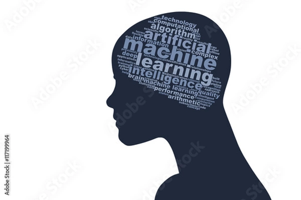 Obraz Head with word cloud brain, containing words related to machine learning and artificial intelligence
