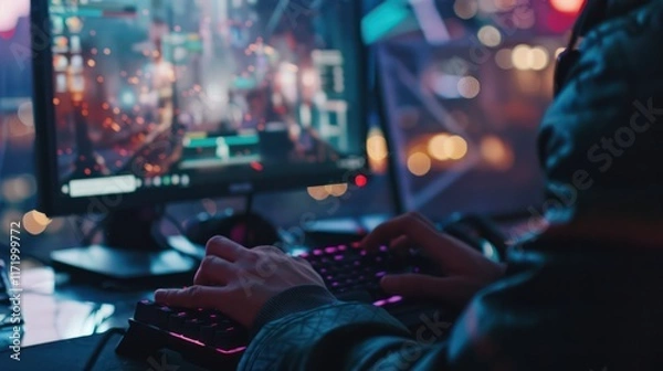 Fototapeta close-up of a person operating his computer