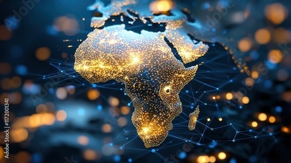Fototapeta The Africa network map features interconnected server nodes representing various communication channels across the continent